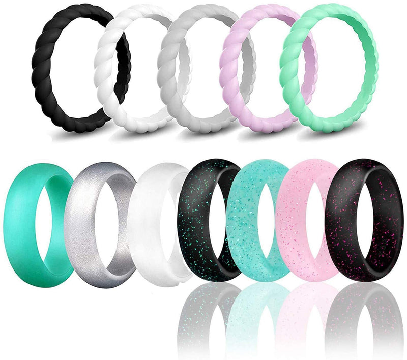 SOVSEFD Silicone Wedding Ring Bands for Women 12 Pack Size 4 5 6 7 8 9 Womens Thin Stackable & Glitter Powder Rubber Wedding Band Rings 5.7mm & 3mm Wide Mulit-Color 3.5-4(14.8mm/0.58inch) - BeesActive Australia