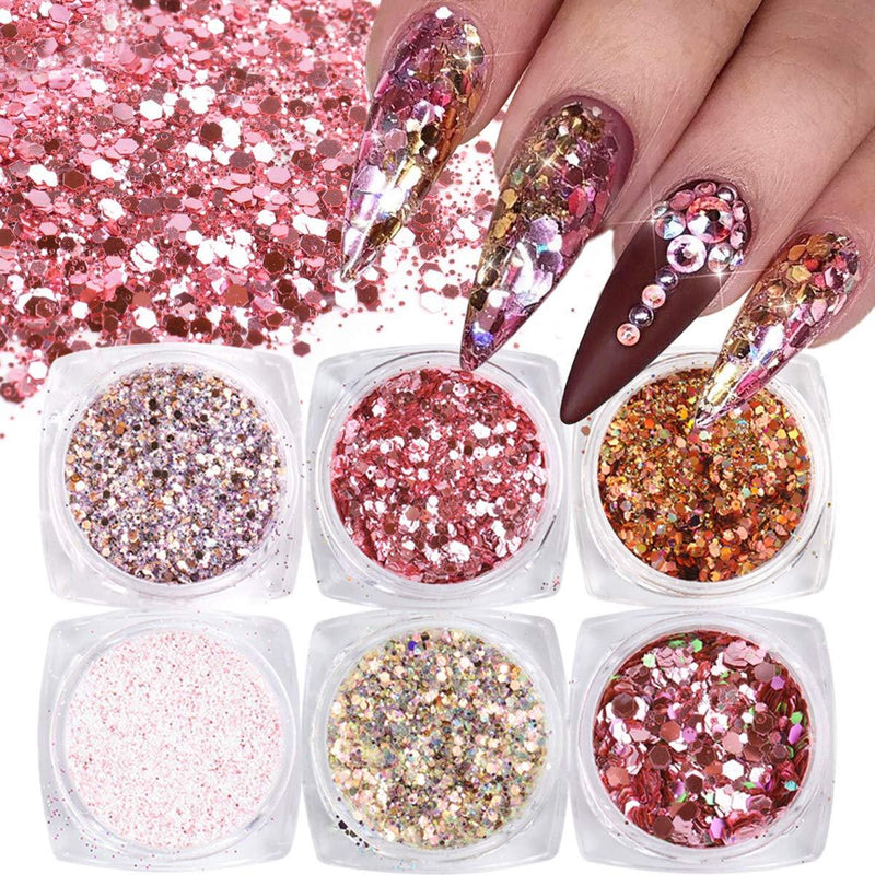 6 Boxes Nail Glitter Sequins Mixed Rose Gold Hexagon Glitter Set Holographic Nail Art DIY Sparkly Nail Acrylic Nails Tools Tips Charms Decoration designs Fashion women Manicure accessories - BeesActive Australia