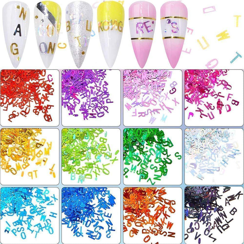 Letter Nail Art Glitter Sequins 3D Holographic Laser English Alphabet Nail Sequins 24 Boxes Nail Decal Letters Colorful Nail Paillettes Flakes for Acrylic Nail Art Decoration Nail Art Designs - BeesActive Australia