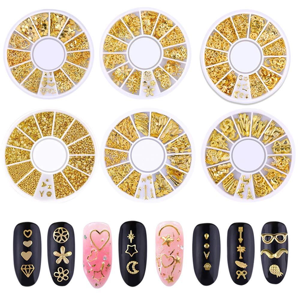 6 Boxes Metal Nail Studs 3D Nail Art Decorations Glitter 3d Nail Charms Design Gold Jewels Rivet Micro Caviar Beads Star Moon Heart Feather Nail Kit supply - BeesActive Australia