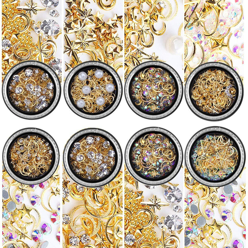 Metal Nail Art Rhinestones 8 Boxes Mixed Sparkle Nail Studs 3D Punk Heart Star Moon Crystals Beads Artificial Pearls Triangle Rivets Diamonds for Women Manicure Tips Decorations Supplies - BeesActive Australia