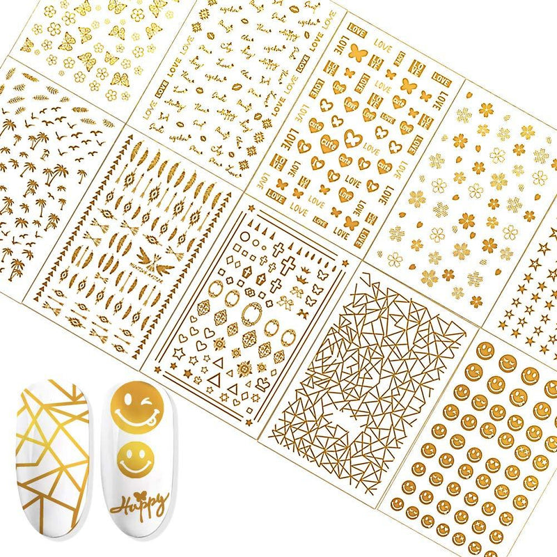 Fanoshon Gold Nail Art Stickers Self Adhesive Decals for Women Girls False Acrylic Nails, 600+ Metallic Foil Butterfly Flower Stars Heart Lines Letters Nail Charm Decor for Fingernail Toenail Manicure - BeesActive Australia