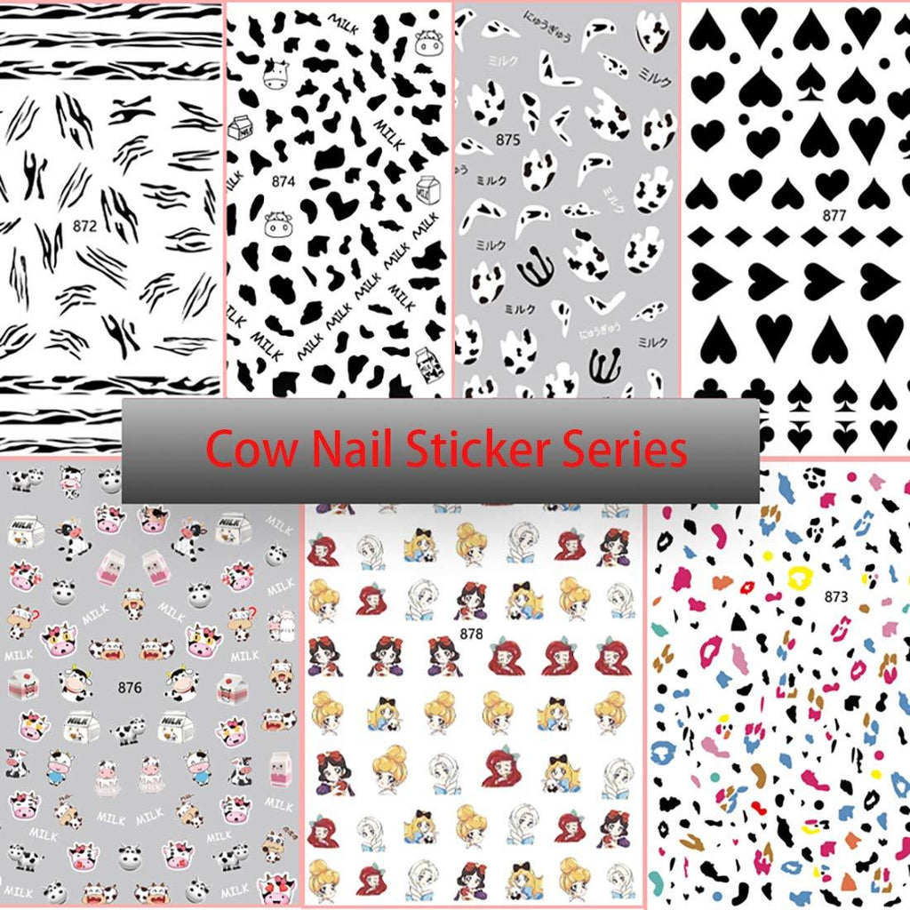 Nail Art Stickers 7 Sheets Cartoon Cow Print Poker Graffiti Nail Decals Acrylic 3D Self-Adhesive Nail Sticker for Women Girl DIY Design Manicure Tips Decoration Supplies - BeesActive Australia