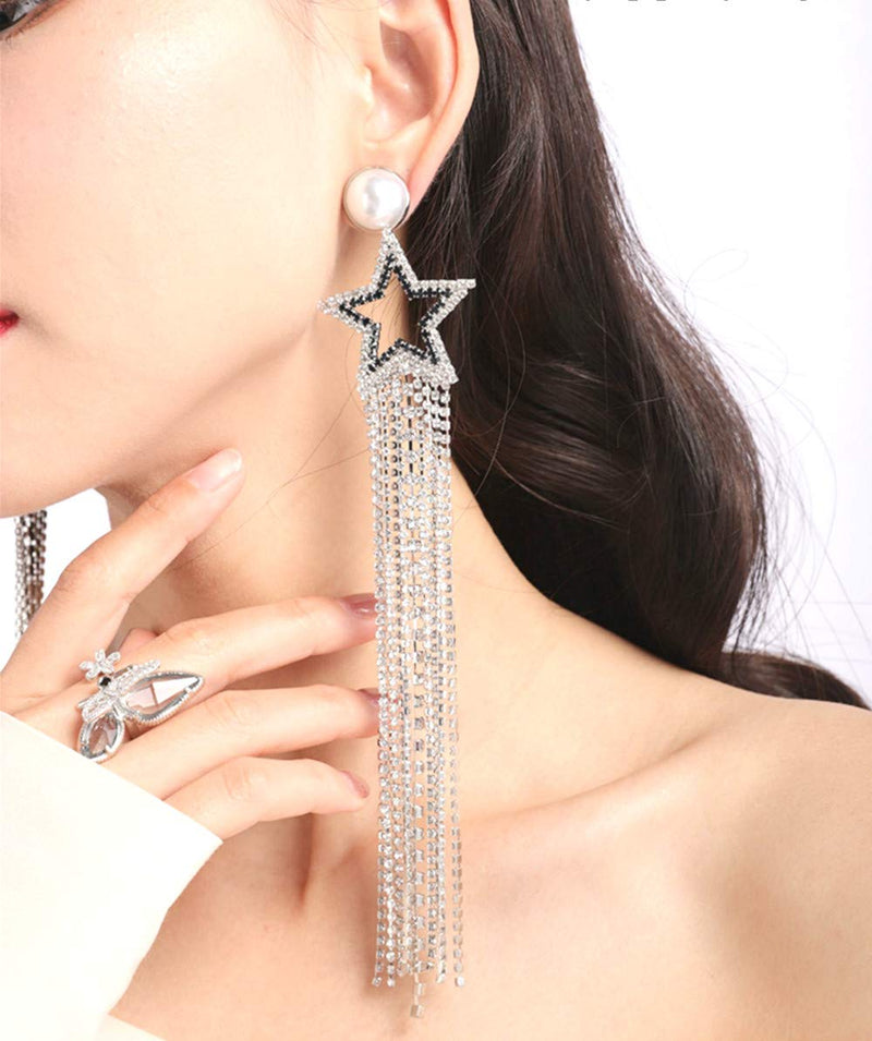 Sither Crystal Statement Dangle Earrings For Women Crystal Long Tassel Chandelier Star Dangle Drop Earrings Party Jewelry Earrings for Gift(Hypoallergenic Silver Pins) - BeesActive Australia