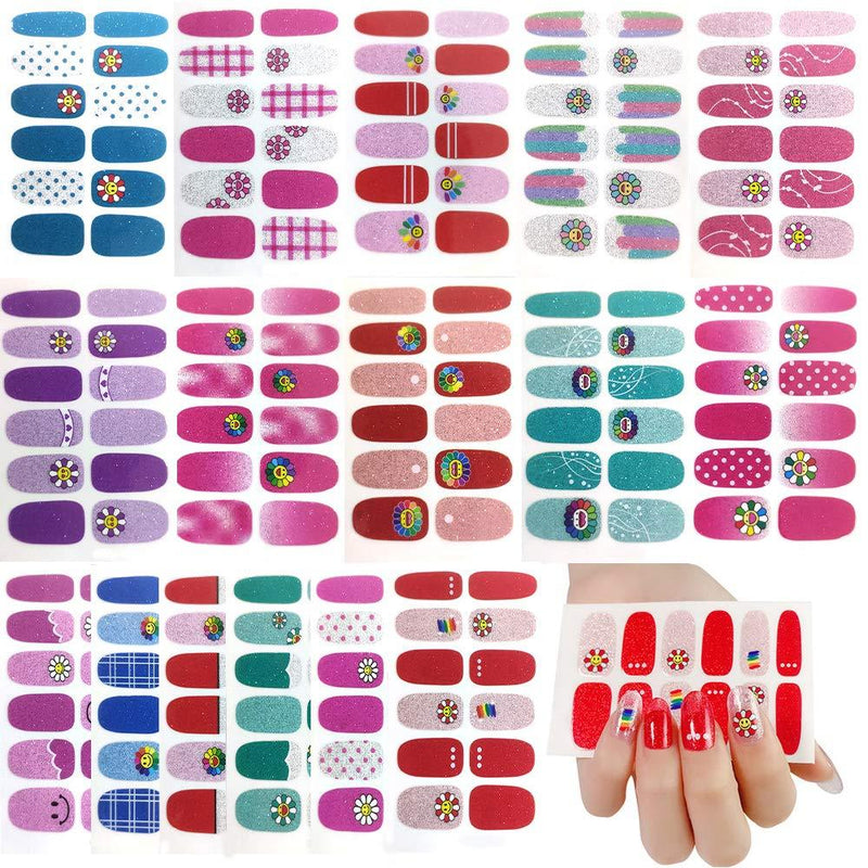 227 Pieces Full Wraps Nail Art Polish Stickers Strips Set with 3Pc Nail File Gradient Adhesive Nail Decals Design Manicure Tips 16 Sheets - BeesActive Australia