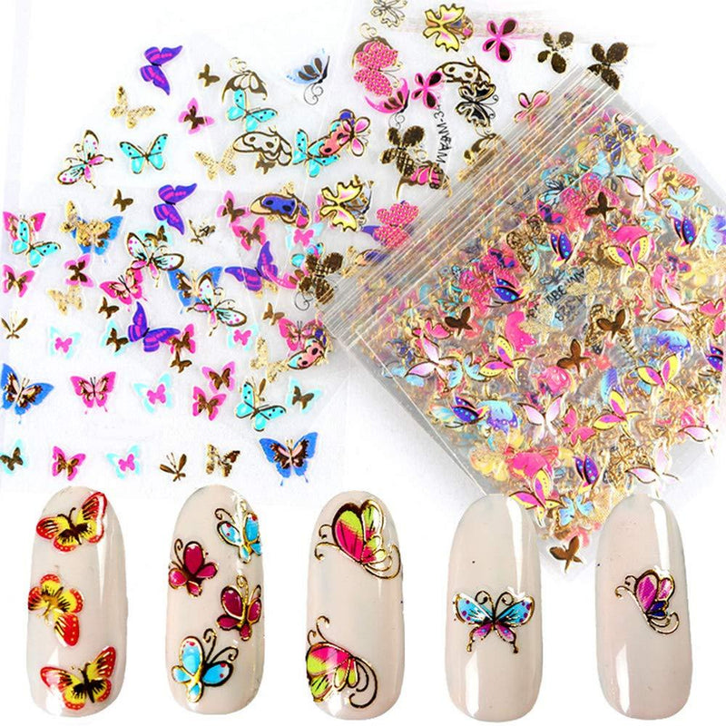 30 Sheets 3D Butterfly Adhesive Nail Stickers Decals Laser Gold and Color Butterfly Shapes Manicure DIY Nail Decals Design Decoration - BeesActive Australia