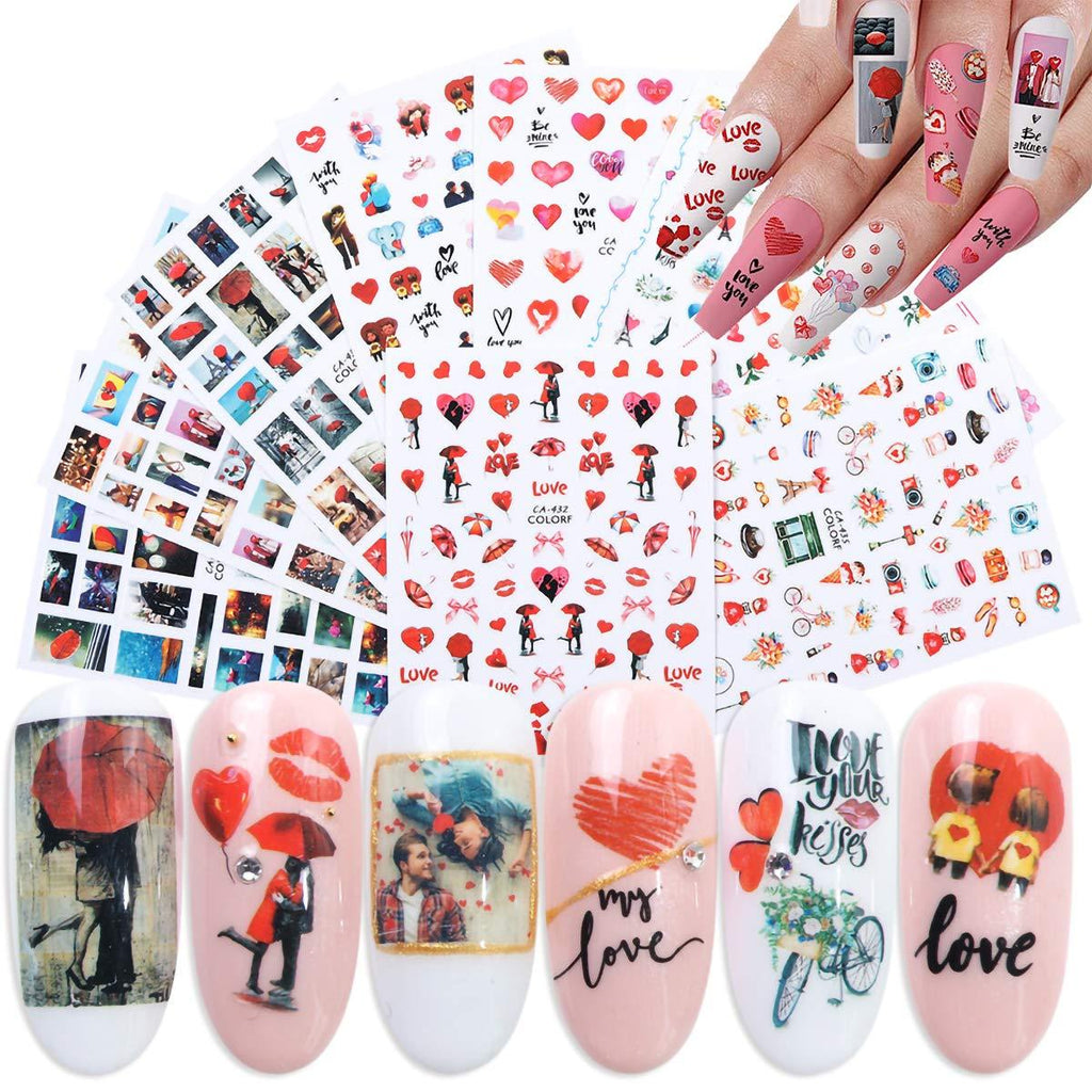 9 Sheets Valentine's Day Nail Art Stickers Decals Water Transfer DIY Nail Decals Love, Red Lips, Angel, Rose, Lovers Art Design for Women Girl Lovers Valentine's Day Favors Gift - BeesActive Australia