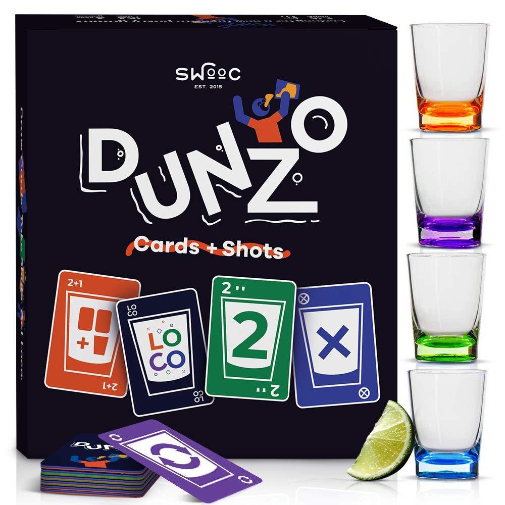 DUNZO - Party Version of Classic Card Game with 4 Unbreakable Shot Glasses - Draw Two, Skip, Reverse, Get Loco - Fun Party Game & Funny Gifts - Shots & Card Games - BeesActive Australia