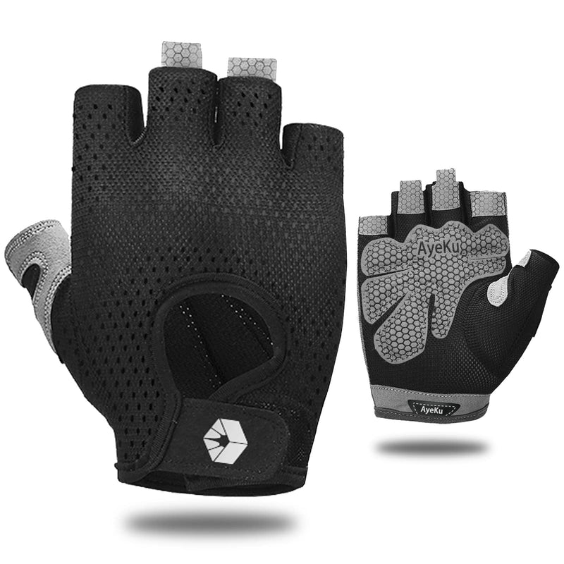 AyeKu Workout Gloves for Men & Women Gym Exercise Gloves Fingerless Gloves Full Palm Protection, Breathable & Non-Slip Gray Black Small - BeesActive Australia