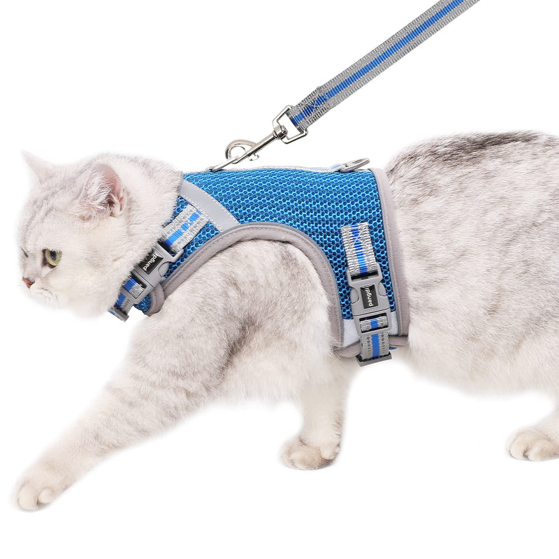 pangdi Cat Harness and Leash Escape Proof Double Protection Fully Adjustable Sturdy Soft Mesh with Reflective Strips for Walking and Traveling Blue Large - BeesActive Australia