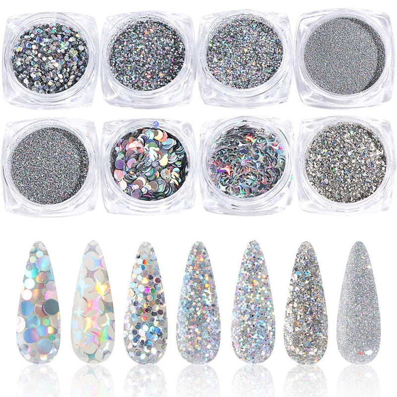 Holographic Nail Art Sequins Glitter Kits Silver Shining Flakes Nails Decoration Supplies DIY Design For women Manicure Charms Fashion Art accessories 8 Boxes - BeesActive Australia