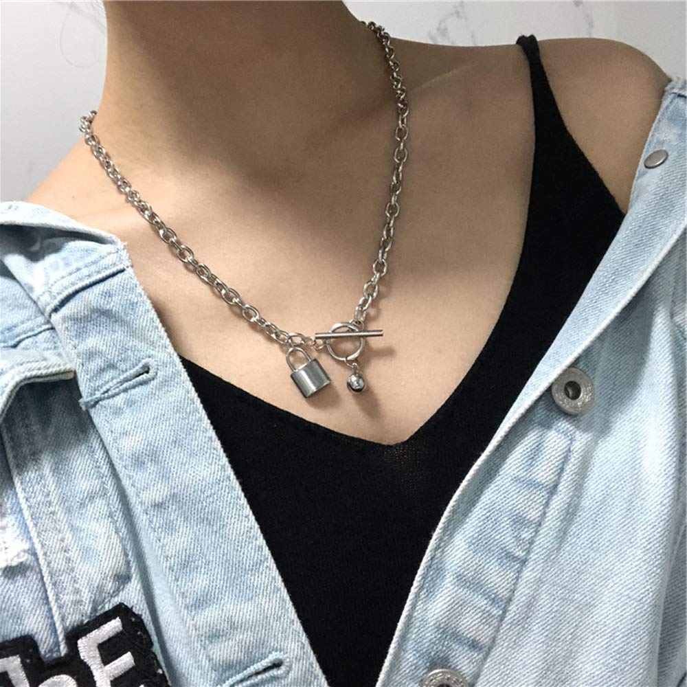 Xerling Punk Toggle Pendant Necklace with Cubic Ball Silver Lock Chain Chunky Choker Boho Gothic Unisex Jewelry for Eboys Egirls Men Women - BeesActive Australia