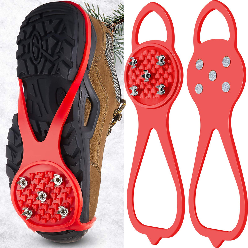 1 Pair Non Slip Gripper Spikes Claw Universal Ice Non Slip Shoe Spikes with 5 Tooth Steel Nails for Hiking Mountaineering Skiing Walking Shoes and Boots Red - BeesActive Australia