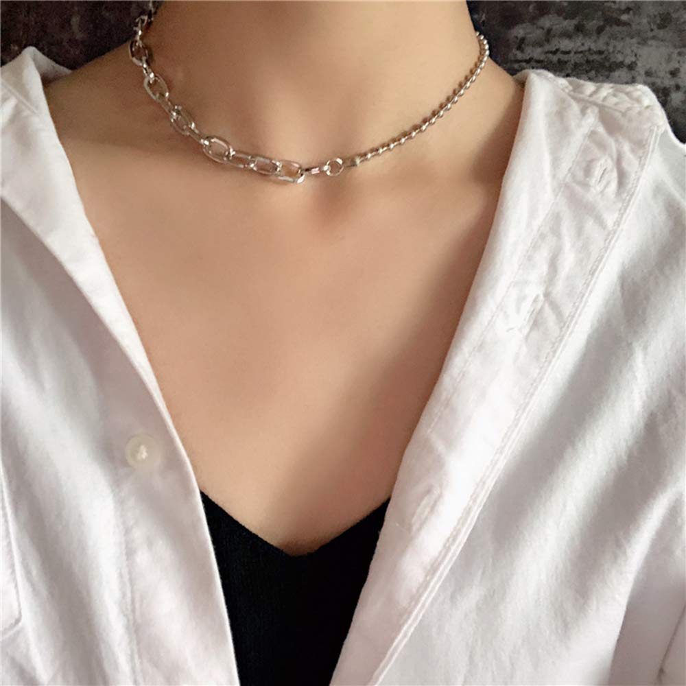 Xerling Eboys Egirls Silver Stitching Link and Beads Chain Necklace Chunky Choker Punk Hip Hop Unisex Jewelry for Men Women - BeesActive Australia