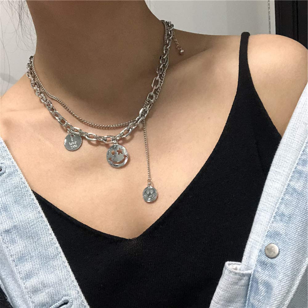 Xerling Silver Plated Engraved Coin Pendant Necklace Smile Face Coin Layered Chunky Chain Choker Eboys Egirls Punk Unisex Jewelry for Men Women - BeesActive Australia