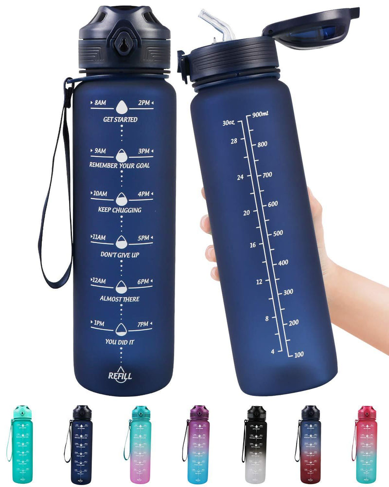 Lunidry Water Bottle with Straw & Time Marker, 32oz Motivational Water Jug BPA-Free Leakproof, to Ensure You Drink Enough Water for Outdoor, Sports, Fitness, Lockable Pop Open Lid Blue - BeesActive Australia
