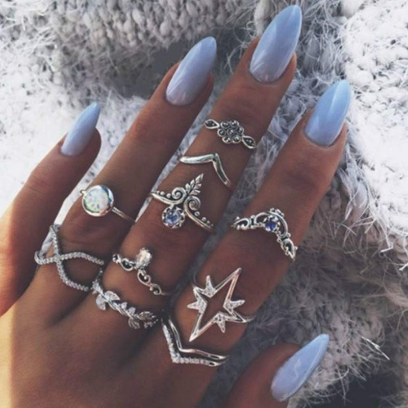 Xerling 10 Pcs Vintage Silver Knuckle Rings Set for Women Gem Crown Star Bowknot Stackable Rings Pack Bohemian - BeesActive Australia