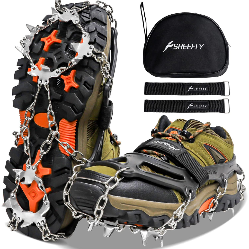 SHEEFLY Crampons Ice Cleats Traction,19 Spikes Snow Grips Ice Grippers Traction Anti-Slip Stainless Steel Spikes for Shoes and Boot，Microspikes for Running,Hiking，Climbing,Fishing,Running Black Large(US:8-11) - BeesActive Australia