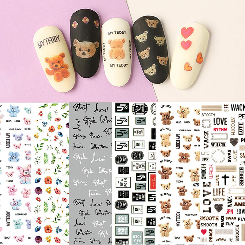 6 Sheets Cute Bear Nail Stickers,3D Self-adhesive Teddy Bear Buddy Letter Leaves Black White English Words Nail Decals For Nail Art Supplies,Beauty Accessories Nail Decoration - BeesActive Australia