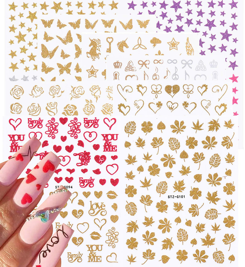 9 Sheets Fashion Matte Valentine's Day Nail Art Stickers,3D Self-Adhesive Glitter Shiny Stars Butterflies Leaves love Roses Wings Key Nail Decals For Acrylic Nail Supplies,Nail Decoration Beauty Accessories - BeesActive Australia