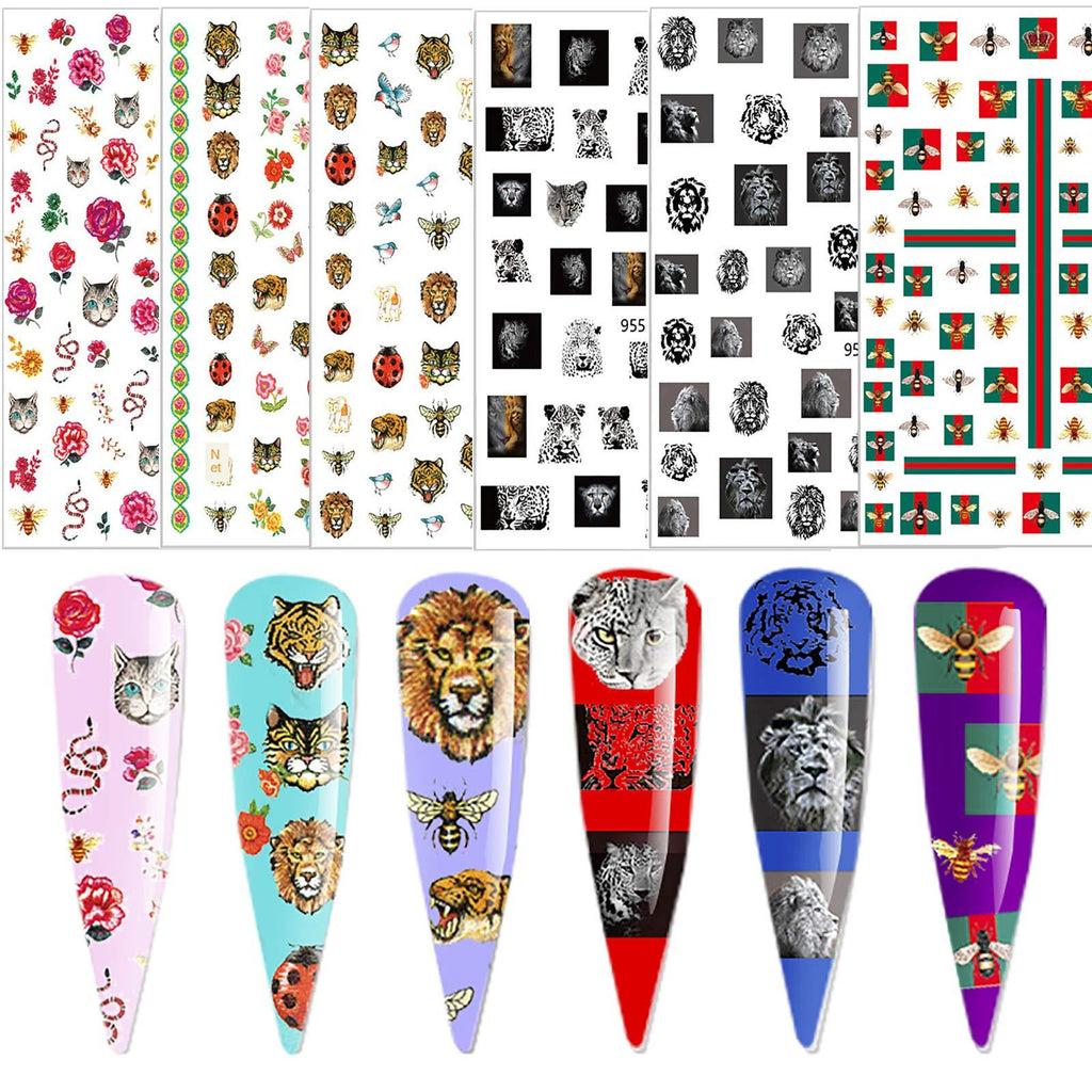 6 Sheets Animal Nail Art Stickers,3D Self-Adhesive Tiger Leopard Lion Snake Bird Butterfly Bee Flowers Nail Decals for Acrylic Nail Supplies,DIY Manicure Nail Decoration Beauty Accessories - BeesActive Australia