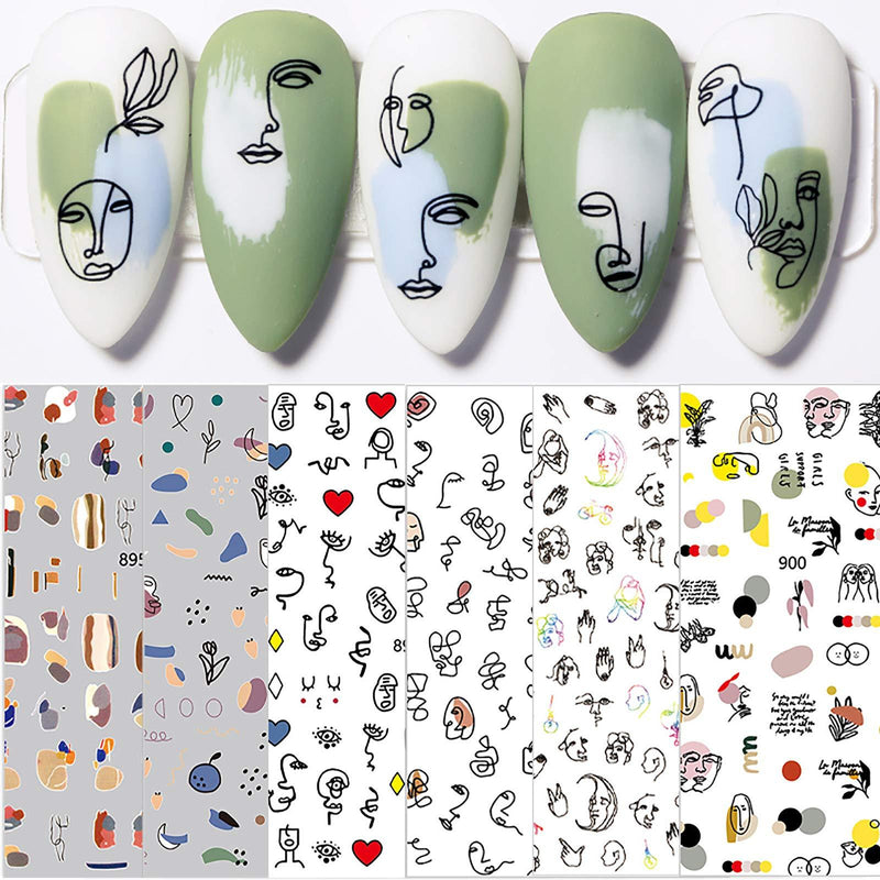 6 Sheets Colorful Cute Graffiti Fun Nail Art Stickers Decals,3D Self-Adhesive Abstract Face Curve Graffiti Nail Design for Acrylic Nail Supplies,DIY Nail Decorations for Women Girls Kids - BeesActive Australia