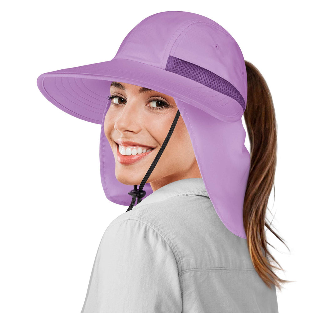 SUN CUBE Women Hiking Fishing Hat - UV Protection Sun Hat Ponytail Foldable Brim One Size Purple - BeesActive Australia