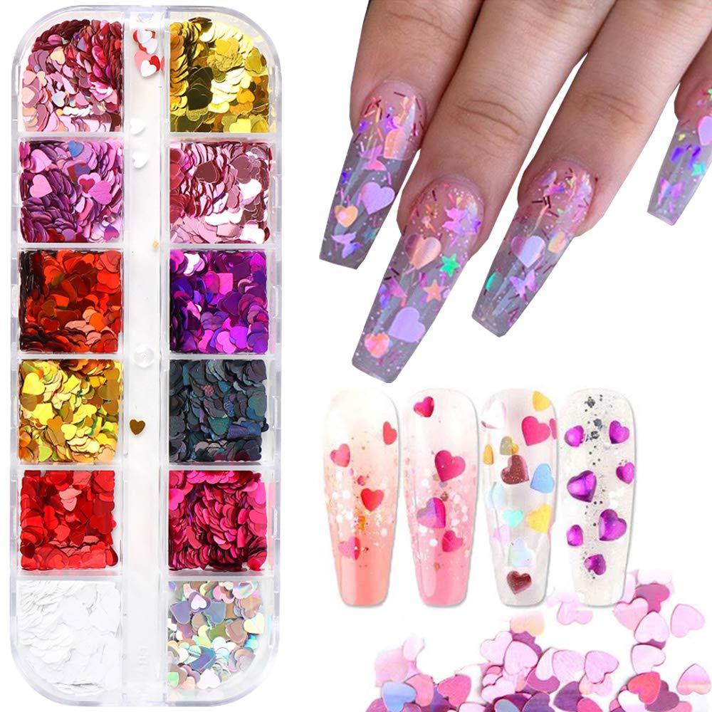Heart Nail Glitter Sequins Set of 12 Grids Holographic Heart Nail Confetti 3D Laser Heart Shape Nail Decals Flakes Ultra-Thin Nail Accessory Glitters Heart for Nail Art Decor Valentine’s Day Decor - BeesActive Australia