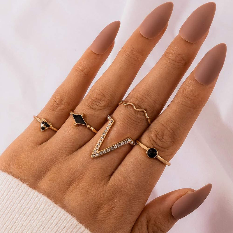 Xerling 5 Pcs Statement Boho Knuckle Simple Set V Crystal Ring Vintage Gold Joint Knuckle Ring Set for Women and Girls Black Gem Stone Ring - BeesActive Australia
