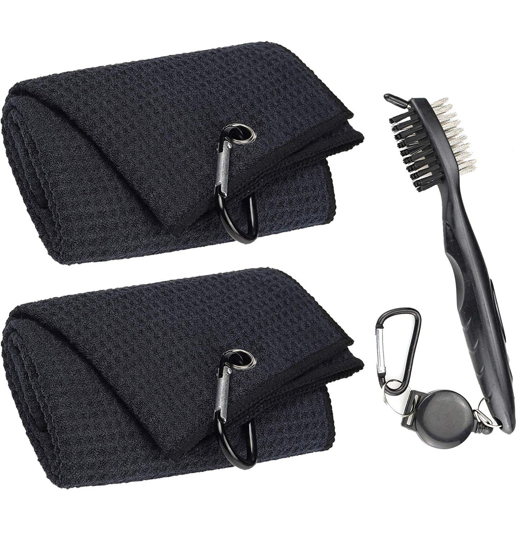 Aebor Golf Towels, Microfiber Waffle Pattern Tri-fold Golf Towel - Brush Tool Kit with Club Groove Cleaner, with Clip Men Women Golf Gifts (2 Black Towel+Black Brush) 2 Black Towel+black Brush - BeesActive Australia
