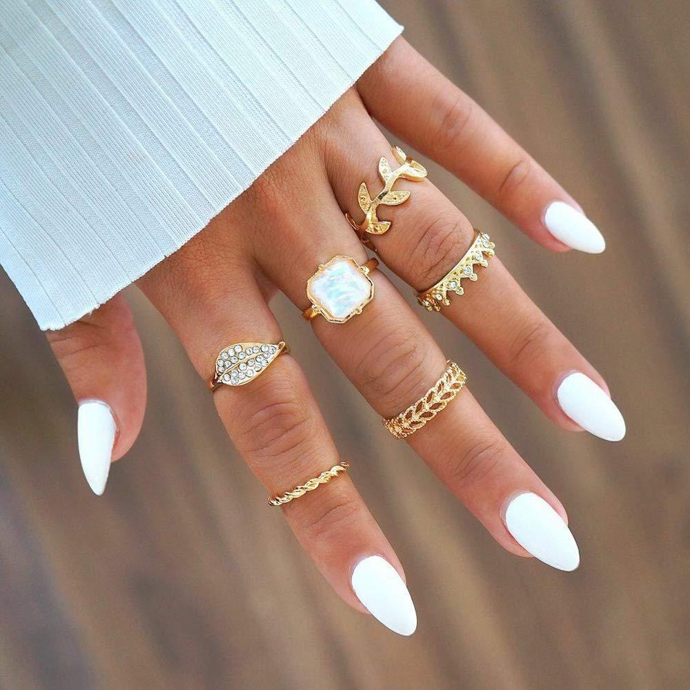 Xerling White Gem Stone Vintage Gold Knuckle Ring Set Rhinestones Leaf Crown Ring for Women Girls Teens 6Pcs - BeesActive Australia