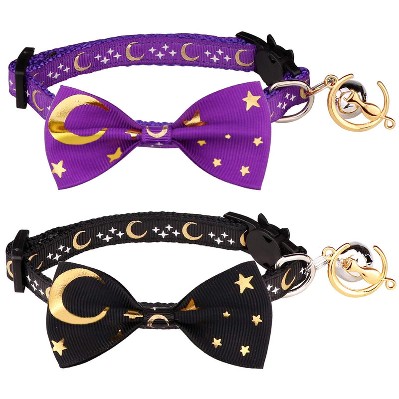 2 PCS Breakaway Cat Collar with Bow Tie and Bell Golden Moon Glowing Star in The Dark for Kitten Black & Purple - BeesActive Australia