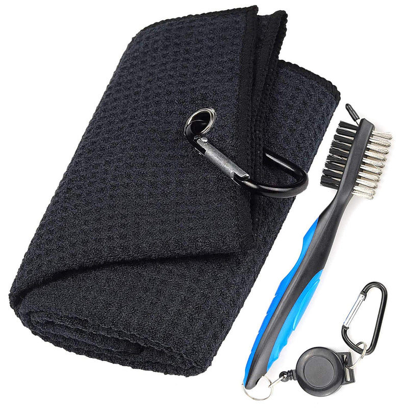 Golf Gear Cleaning Kit - Premium Material Microfiber Towel 24"x18" with Carabiner for Golf Bag + Club Brush Club Groove Cleaner and Sharpener on 2ft Retractable Extension Cord Clip - Golf Accessories - BeesActive Australia
