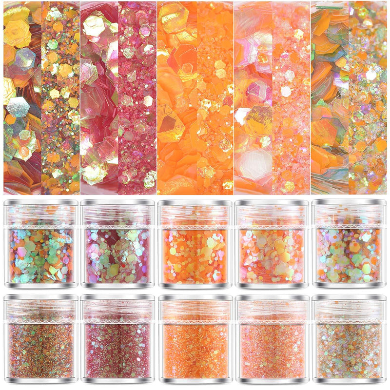 Nail Sequins Iridescent Flakes 10 Boxes Orange Set Holographic Nail Glitter Festival Nail Art Cosmetic Sequins for Body Face Hair Make Up Mixed Color Glitters - BeesActive Australia