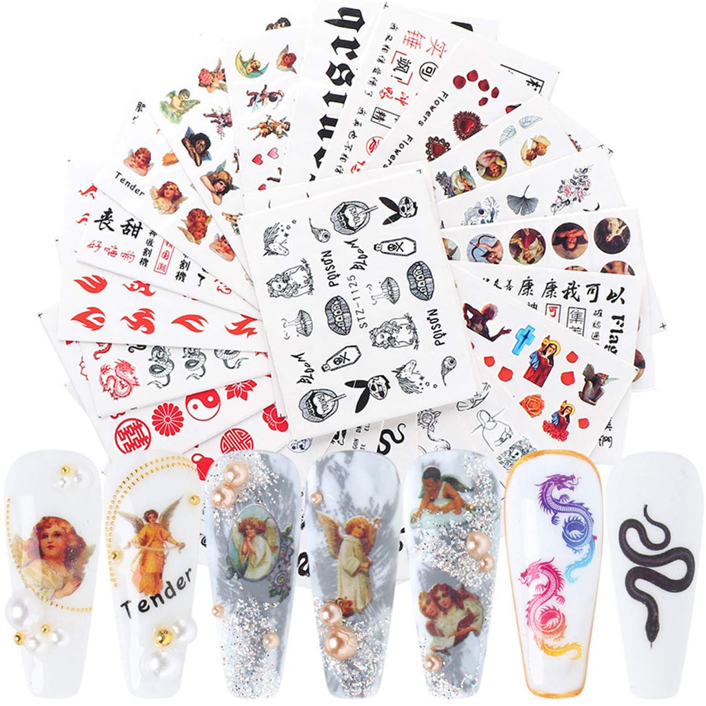 24 Sheet Chinese Style Nail Sticker Cupid Set Chinese Character Flame Tai Chi Dragon Pattern Female Nail Water Transfer DIY Nail Design Manicure Skills and Art Decoration - BeesActive Australia