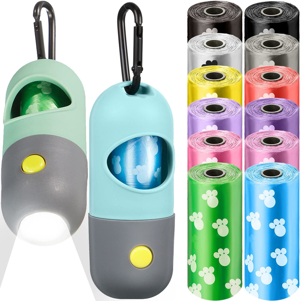 2 Pieces Dog Poop Waste Bag Holder Dispenser with LED Flashlight and 12 Rolls (180 Counts) Colorful Leak-Proof Dog Waste Bags Pickup Bags Holder Pet Waste Carrier - BeesActive Australia
