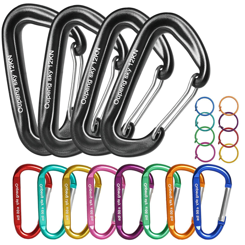 12PCS Carabiner Clips Set - 4pcs 12KN Heavy Duty Caribeaners 8pcs 66lbs Lightweight Caribeener Clips,D Ring Key Clip for Hammocks Camping Accessories Hiking Gym Keychain Locking Dog Leash and Harness - BeesActive Australia