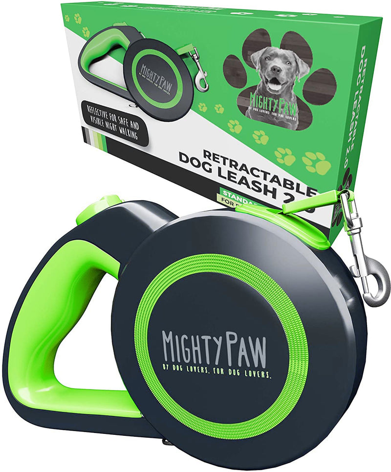 Mighty Paw Retractable Dog Leash 2.0 | 16’ Heavy Duty Reflective Nylon Tape Lead for Pets Up to 110 lbs. Tangle Free Design W/ One Touch Quick-Lock Braking System & Anti-Slip Handle Standard Green - BeesActive Australia
