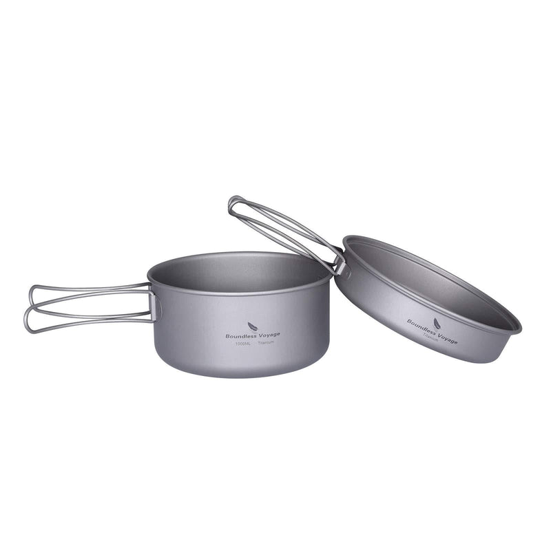 Boundless Voyage Titanium 2-Piece Pot and Pan Set 1000ml+500ml Folding Handle for Outdoor Camping Cooking Hiking Backpacking Portable Tableware Cookware - BeesActive Australia