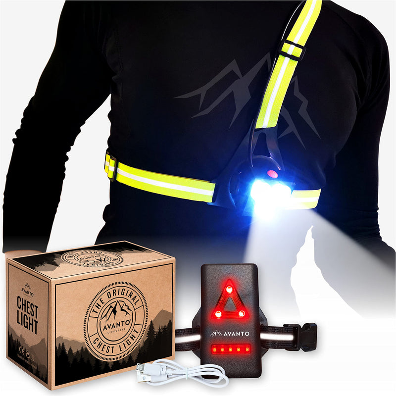 AVANTO Triple Beam Chest Light, Original, 500 Lumen Outdoors LED Night Running Lights for Runners and Joggers, Dog Walkers, Long 5-7h Usetime, Strong USB Rechargeable 2200mAh Battery, Reflective Vest Yellow - BeesActive Australia