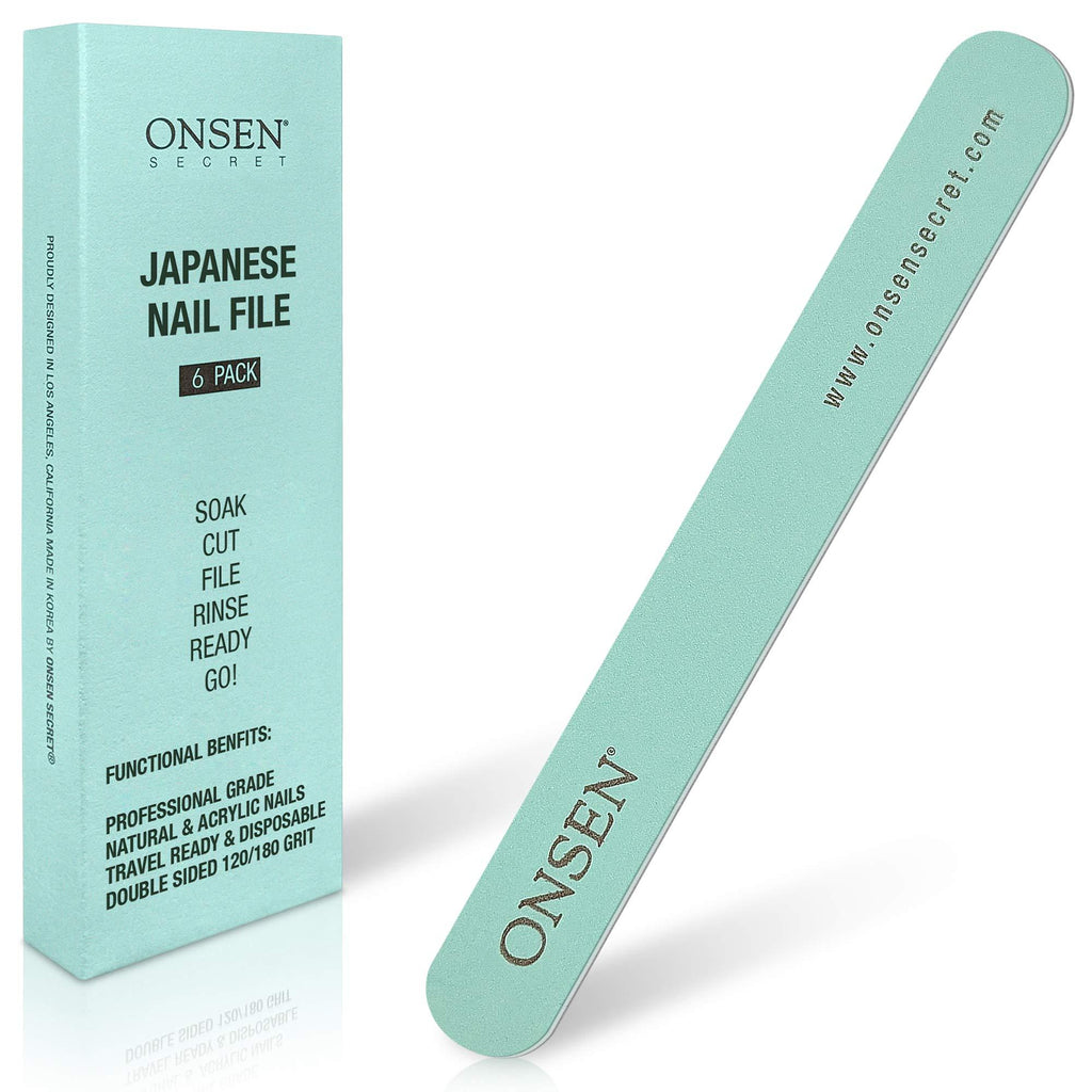 Onsen Japanese Nail File - Professional 6-Pack Nail Files, Double Sided Natural and Acrylic Nail Filers - 120/180 Grit - Disposable, Salon Smooth, Travel Best Nail File For Shiny Nails (6 Counts) 6 Count - BeesActive Australia