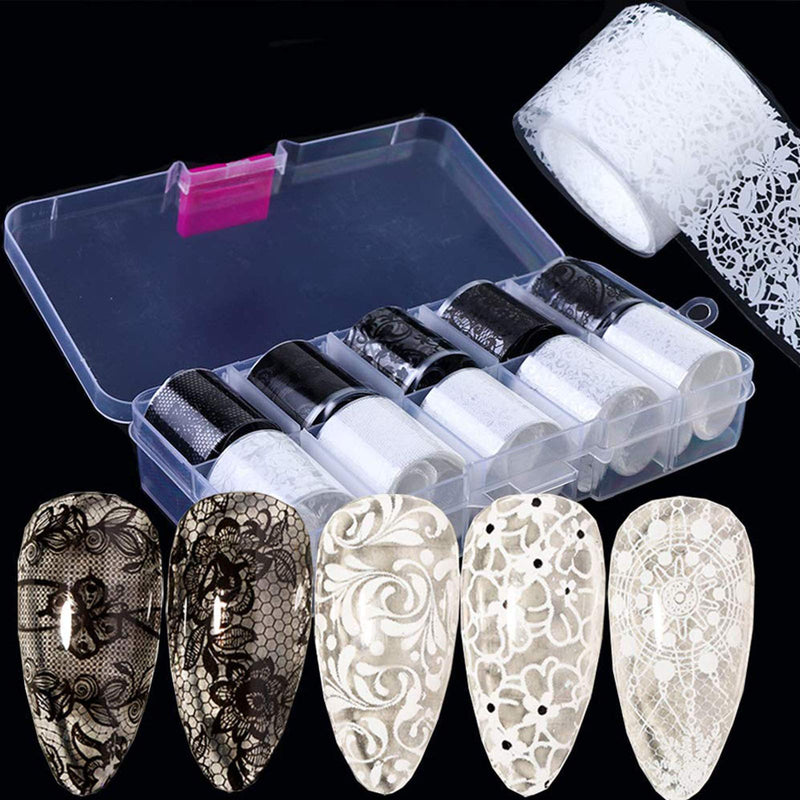 Holographic Nail Foil Transfer Stickers Black White Lace Laser Foils Nail Art Supplies Starry Paper Designs for Acrylic Decorations Women Fingernails Toenails DIY Manicure Wraps Nail Decor（10 Rolls） D - BeesActive Australia