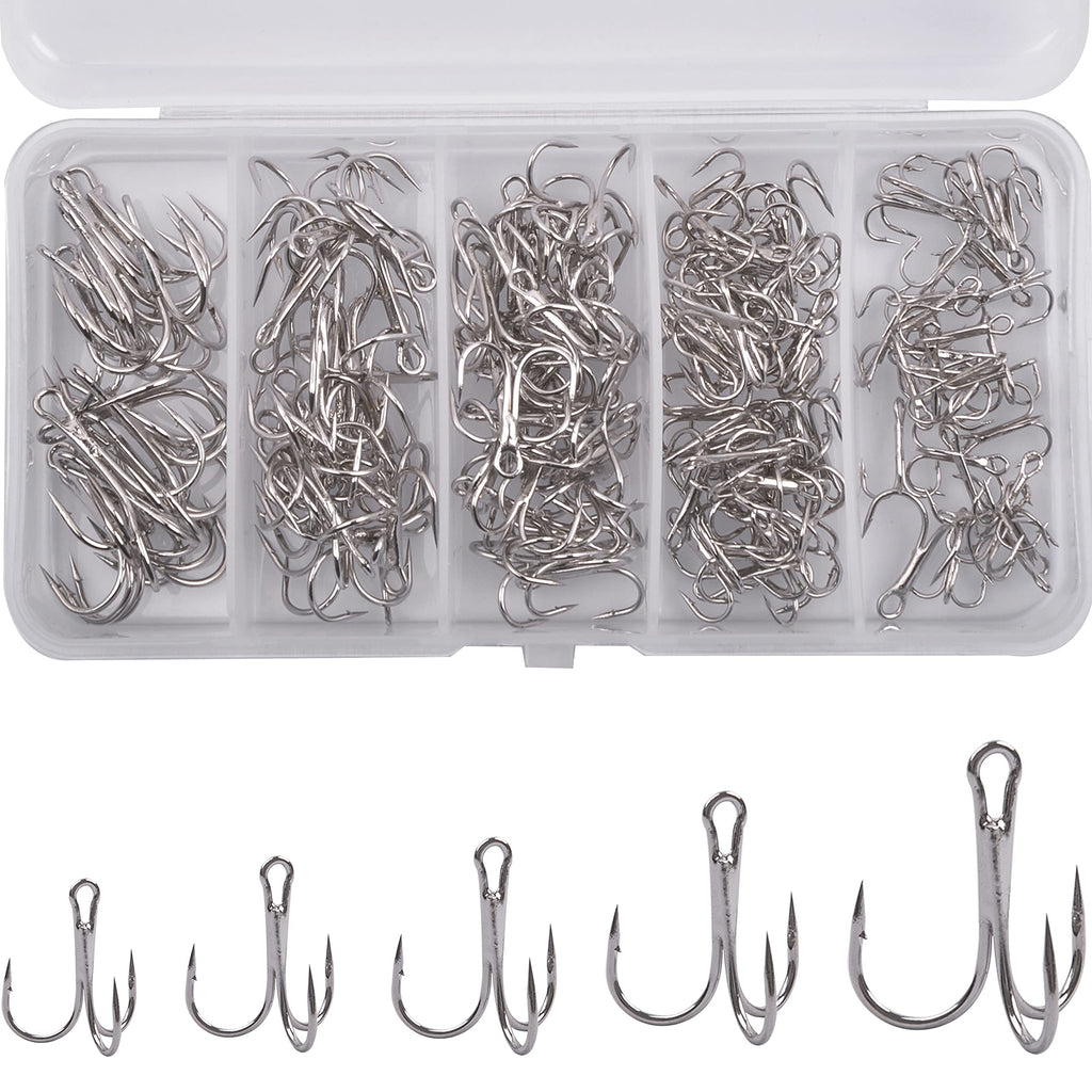 150pcs/Box Treble Fishing Hooks Sharp Round Bend Treble Hooks Strong Wide Gap High Carbon Steel Barbed Fish Hook Silver Coat for Fishing Lures Baits Freshwater Saltwater Fishing - BeesActive Australia