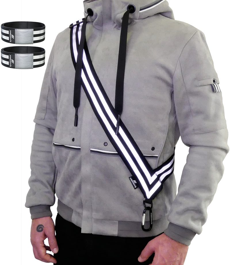 FREEMOVE Reflective SASH with 2 Bands - or - Reflective Runners Waist Belt with 4 Arm Bands > Easy to Put On/Off Reflective Gear for Guaranteed Visibility & Safety for Dog Walking, Running, Cycling Black SASH and BANDS - BeesActive Australia