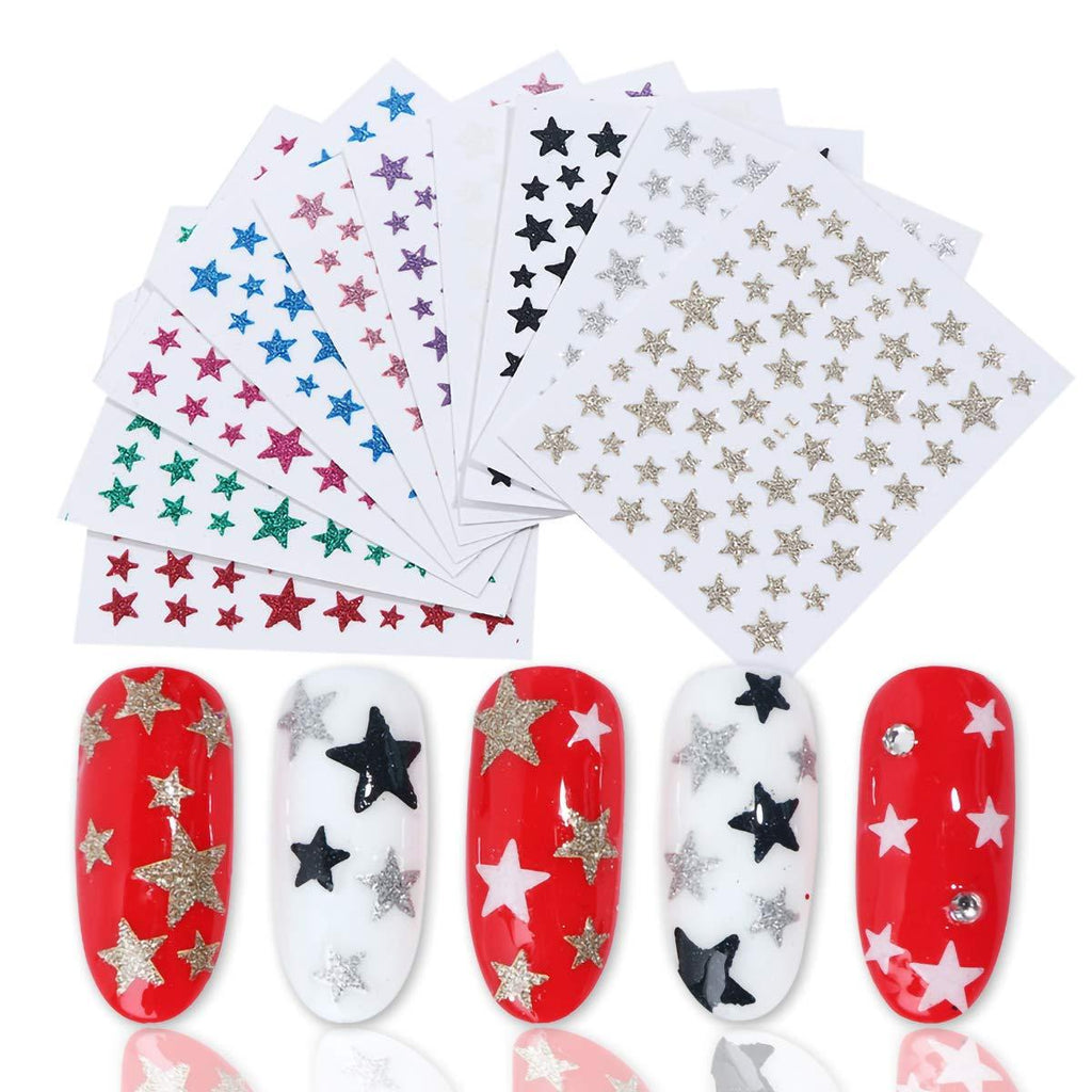 Color Star Nail Art Stickers 10 Sheets Laser Five-pointed Star Glitter Decals 3D Self-Adhesive Nail Decals Fingernail Decoration for Women Girls Fashion Design - BeesActive Australia