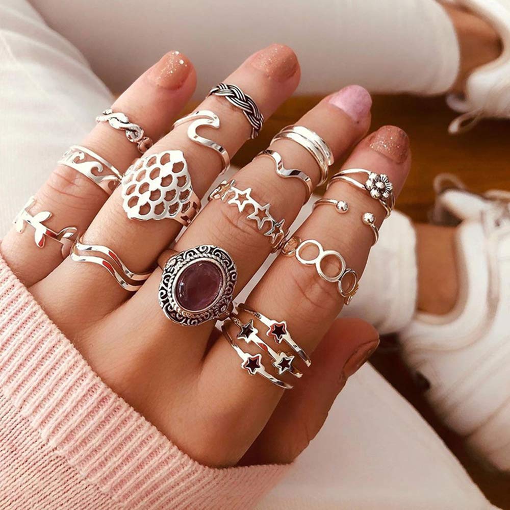 Xerling 17 Pcs Women Silver Statement Knuckle Ring Set Wave Gemstone Stars Ring Stackable Flower Open Finger Ring - BeesActive Australia