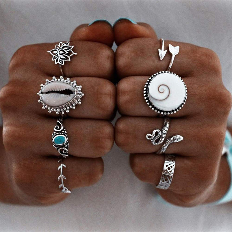 Xerling 8 Pcs Snake Knuckle Stacking Ring Set Boho Vintage Gemstone Flower Ring Set for Women Men Cowrie Seashell Finger Ring Arrow - BeesActive Australia