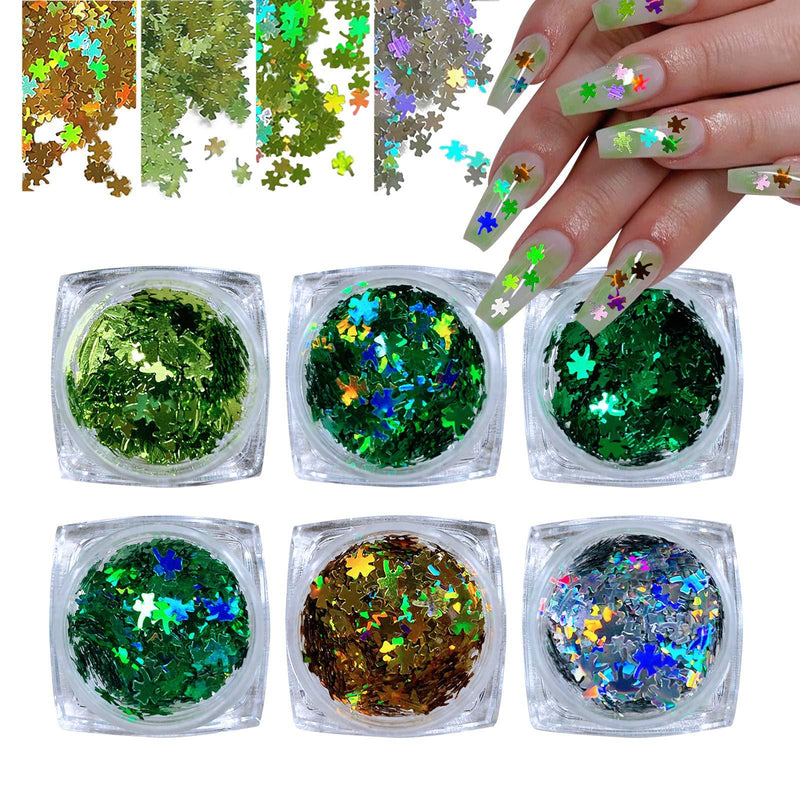 6 Boxes Green Nail Glitter Sequins EBANKU Holographic Laser Clover Nail Glitter Ultra-Thin Spring Nail Glitter Flakes Paillettes for St. Patrick Nail Decoration - BeesActive Australia