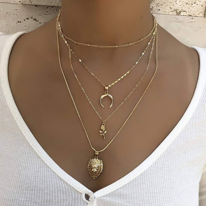 Xerling Girls Personalized Lion Pendant Necklace Bohemian Moon Flower Necklace Multi Layered Gold Necklace - BeesActive Australia