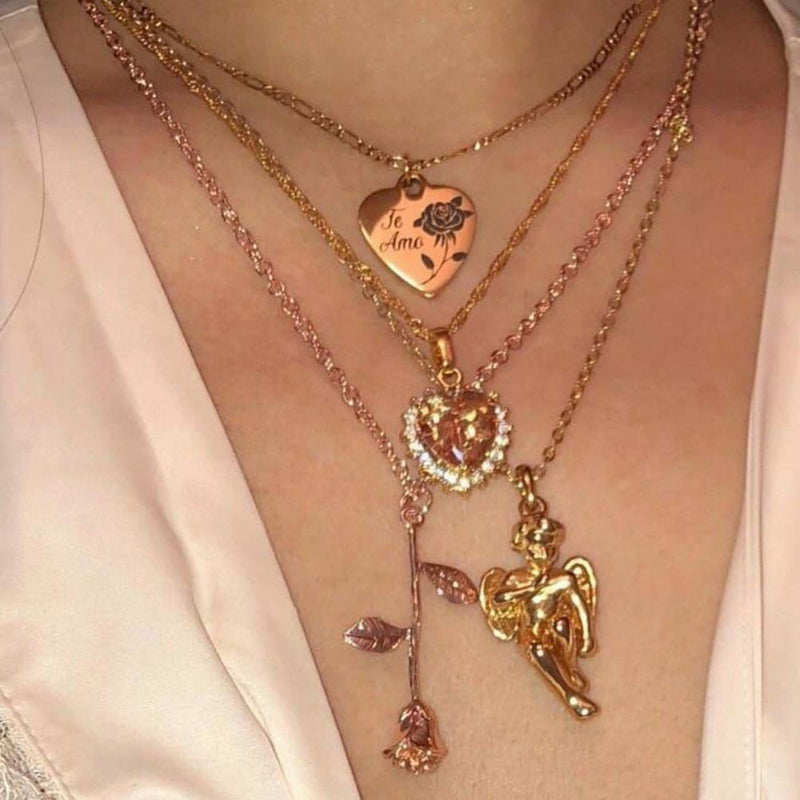 Xerling Rhinestone Love Heart Pendant Necklace Carved Heart Sequin Chain Multi Layered Rose Necklace Fashion Boho Chain Necklace - BeesActive Australia